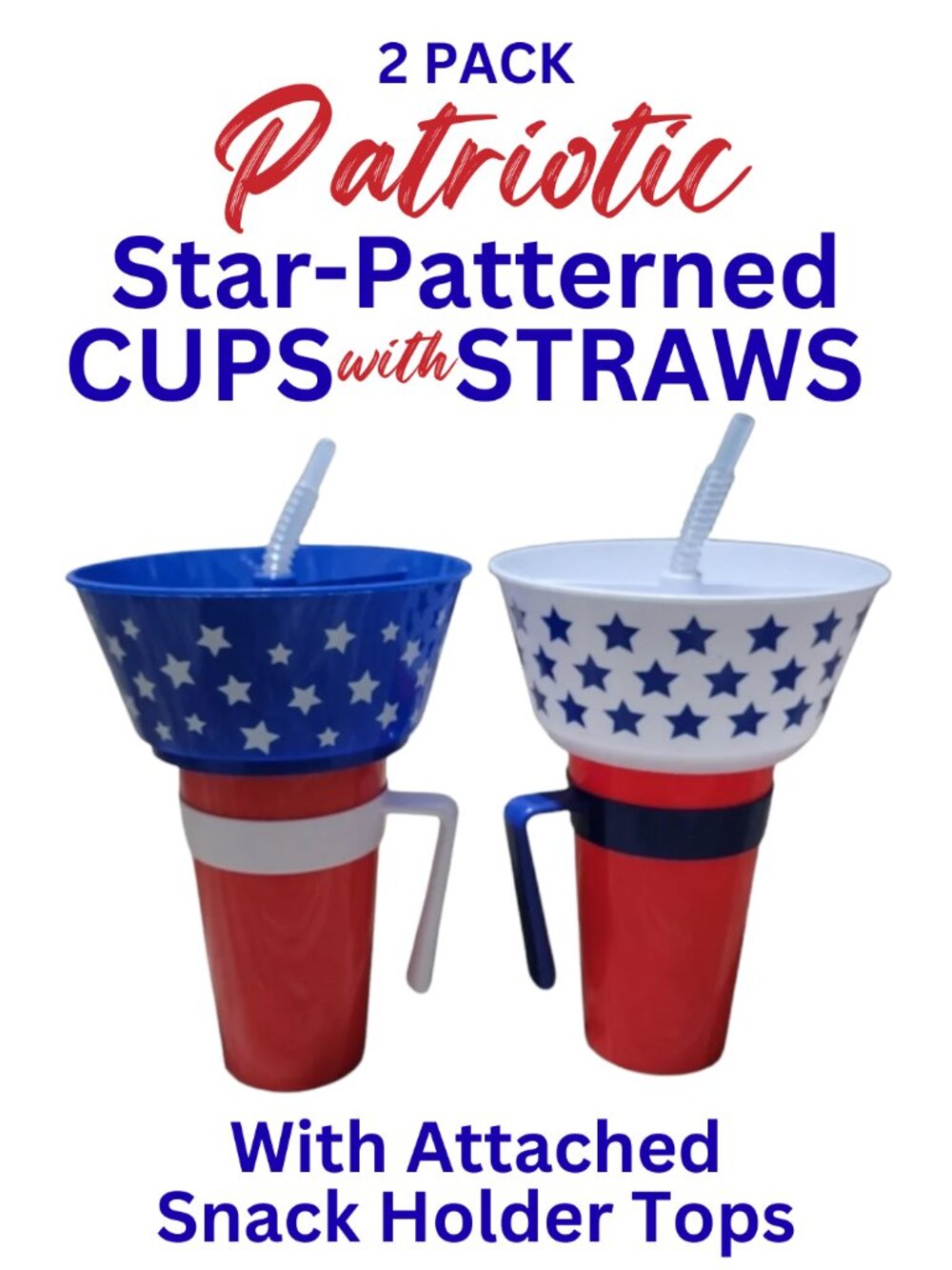 2 Pk Patriotic Star-Patterned Drink Cups With Attached Snack Holder Tops